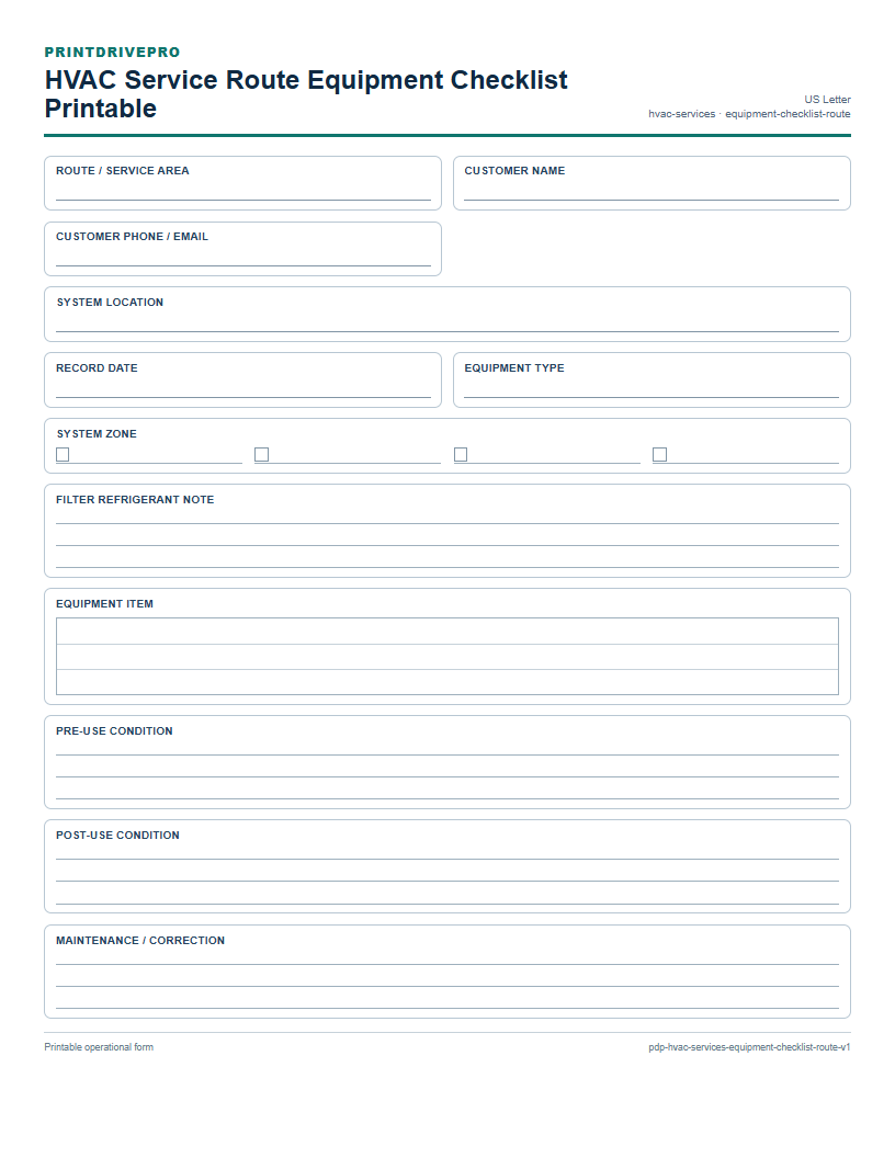 HVAC Service Route Equipment Checklist Printable preview
