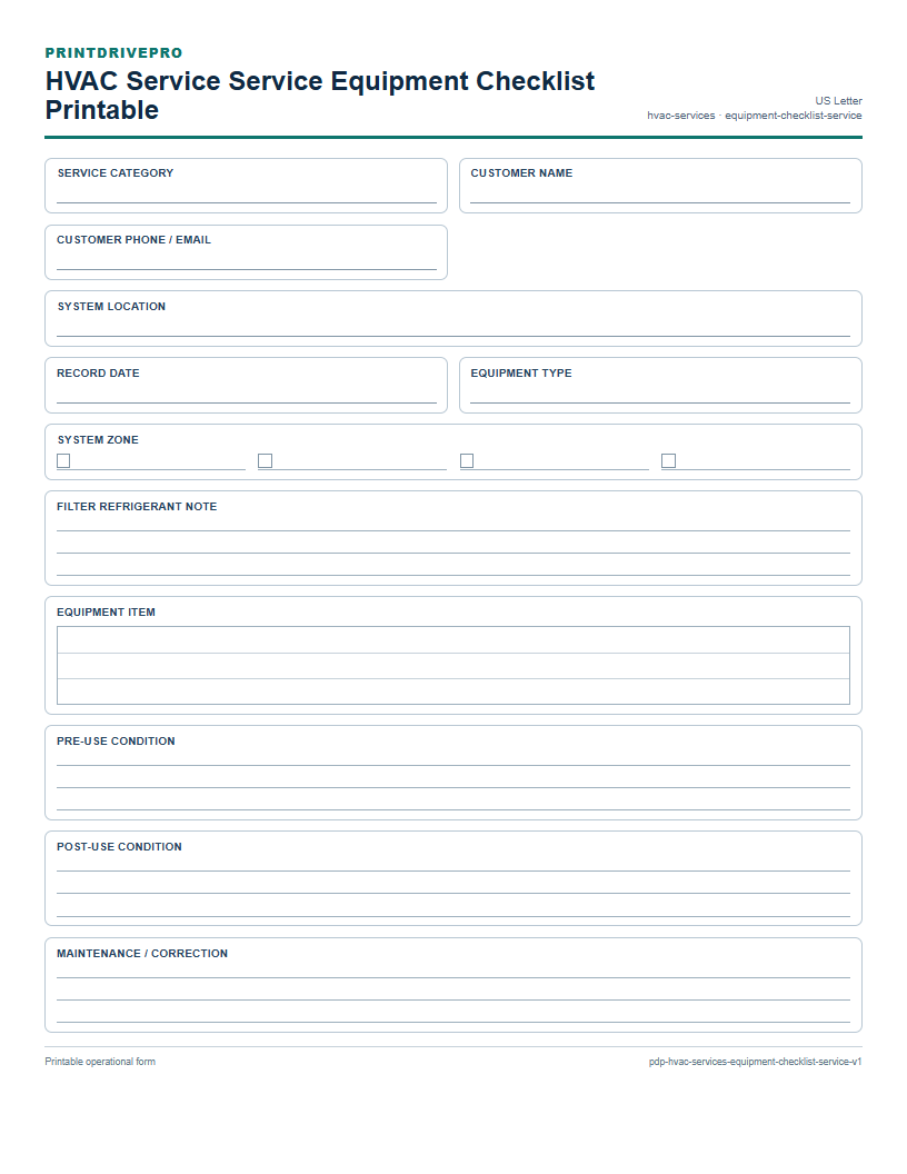 HVAC Service Service Equipment Checklist Printable preview