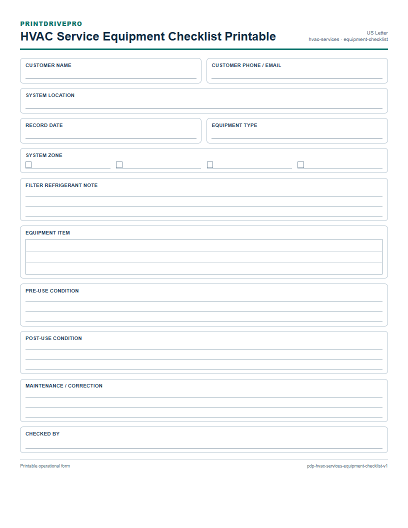 HVAC Service Equipment Checklist Printable preview