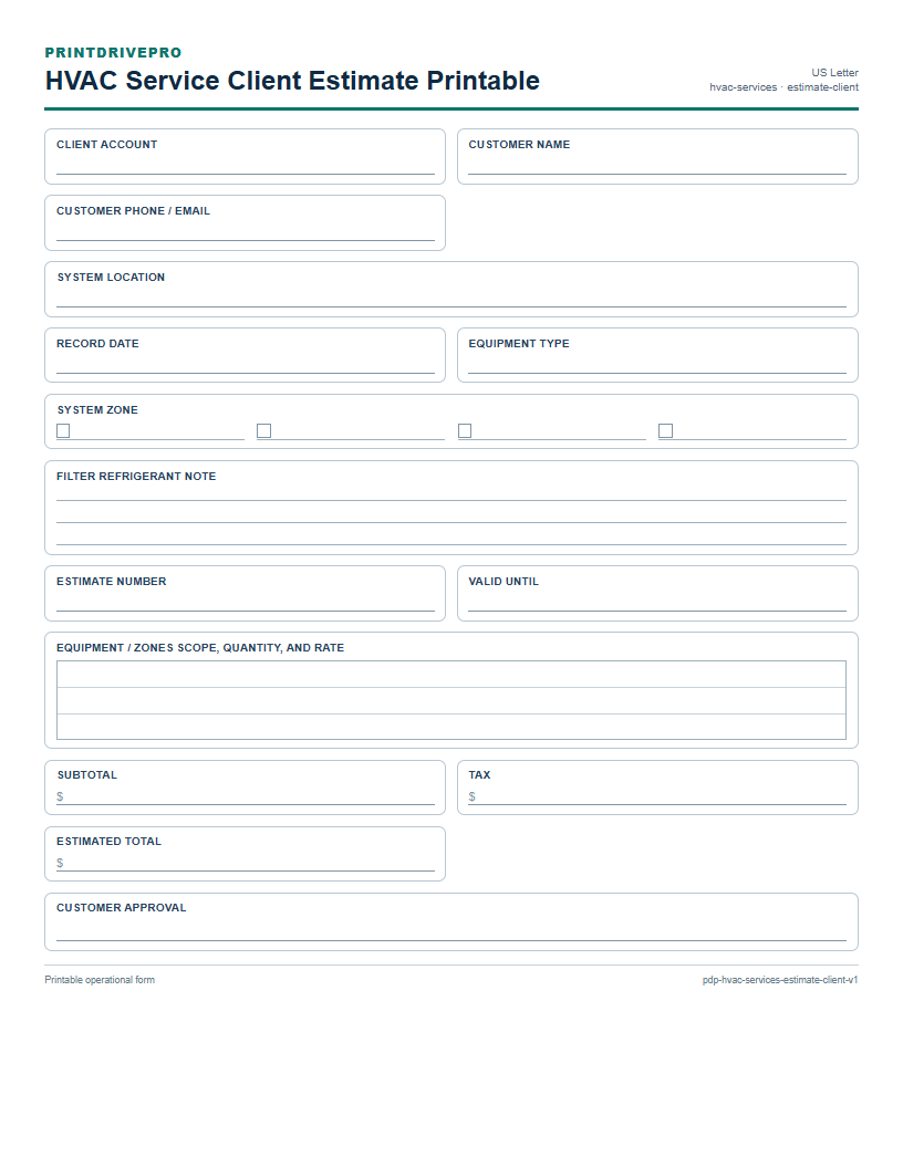 HVAC Service Client Estimate Printable preview