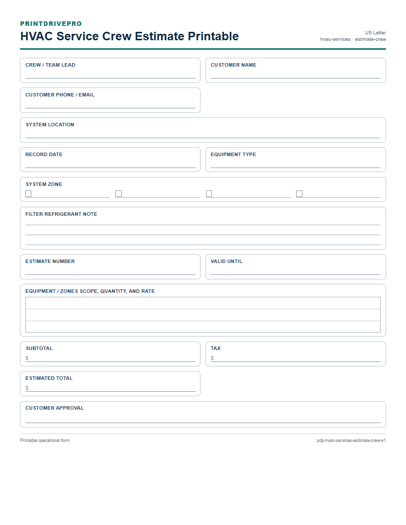 HVAC Service Crew Estimate Printable preview