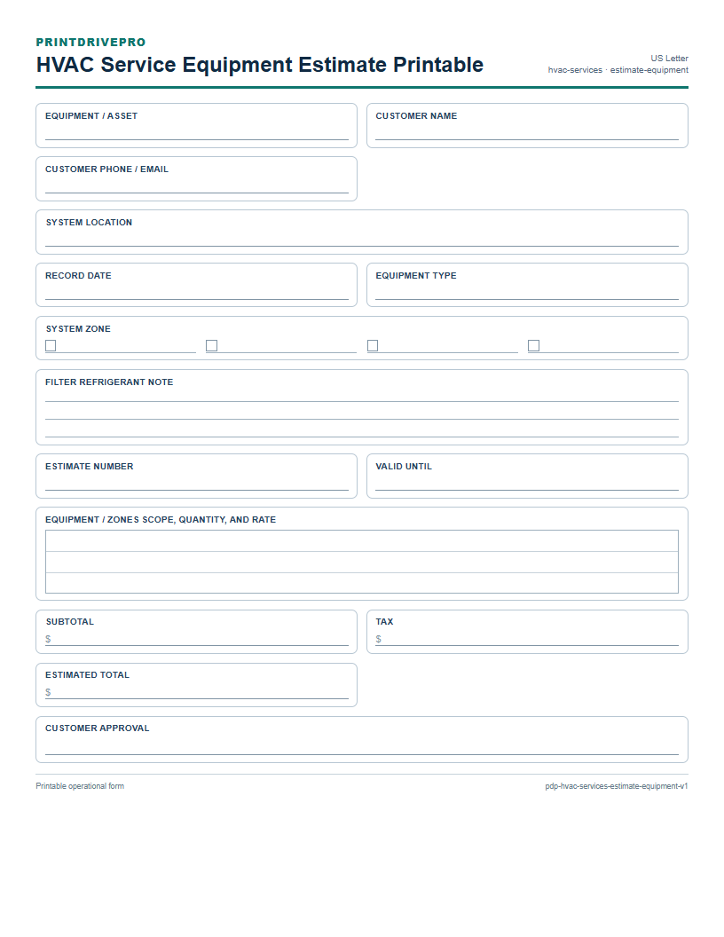 HVAC Service Equipment Estimate Printable preview