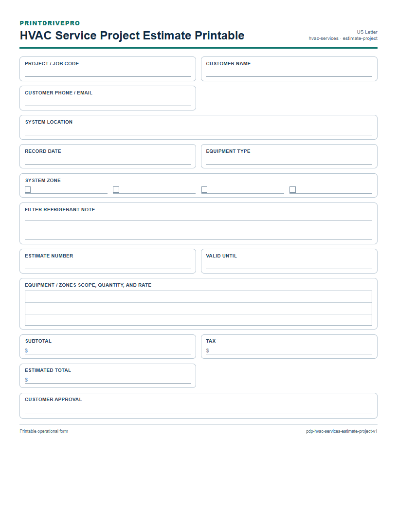 HVAC Service Project Estimate Printable preview