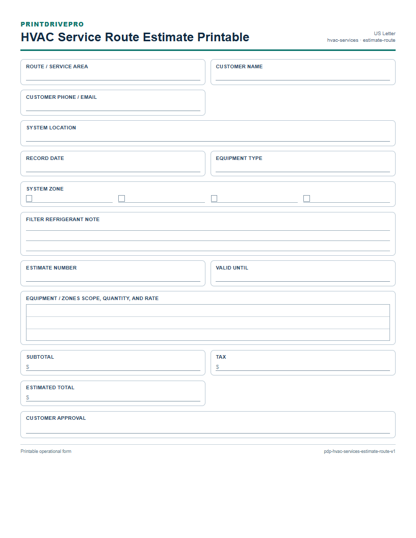 HVAC Service Route Estimate Printable preview