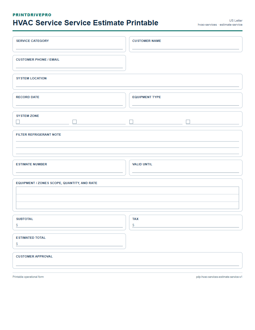 HVAC Service Service Estimate Printable preview