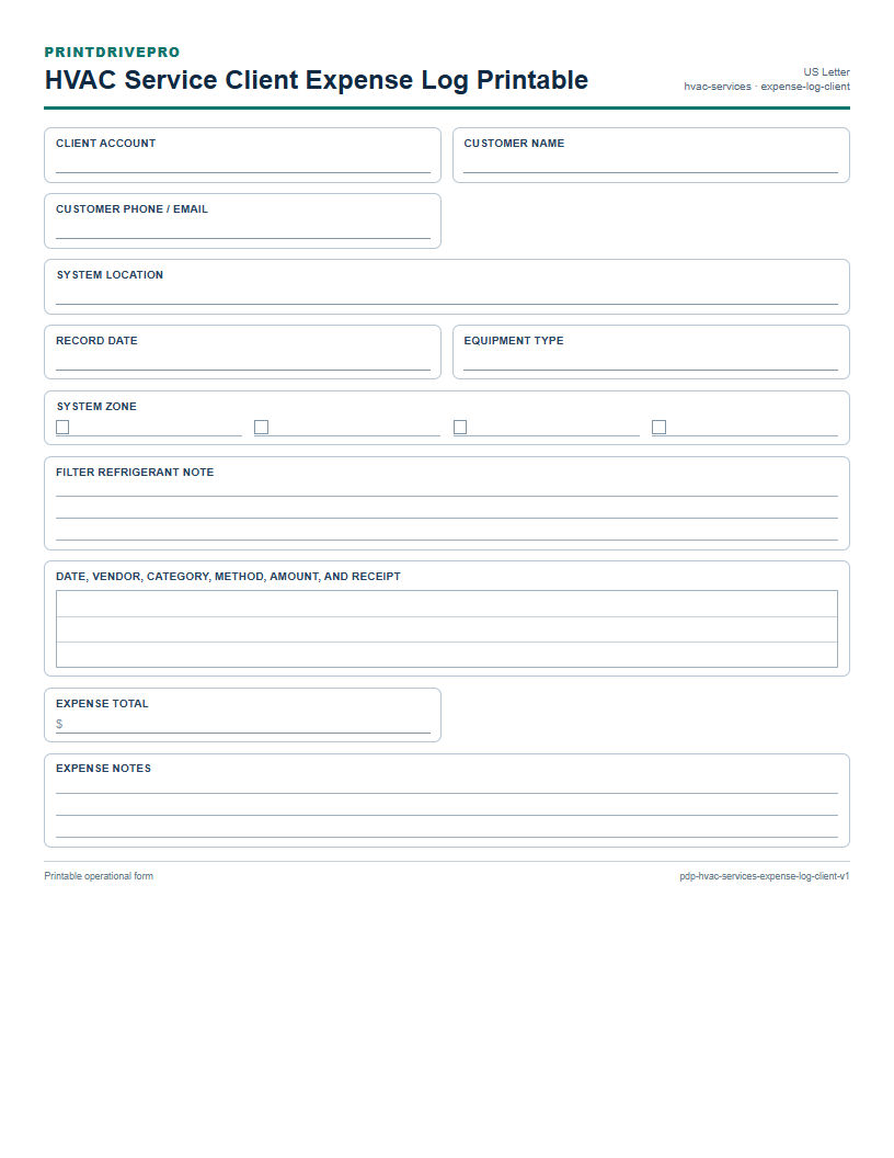 HVAC Service Client Expense Log Printable preview