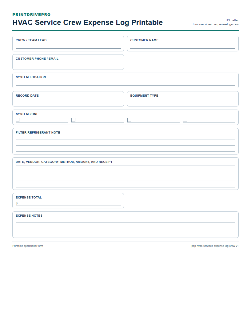 HVAC Service Crew Expense Log Printable preview