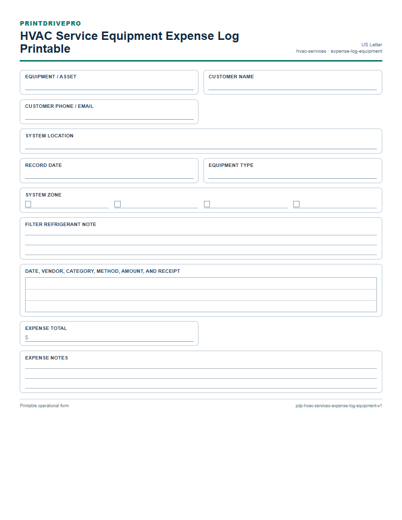 HVAC Service Equipment Expense Log Printable preview