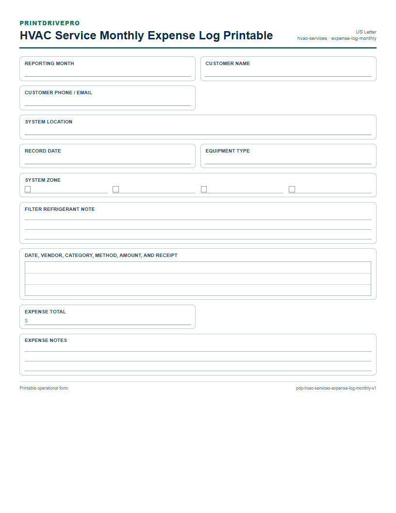 HVAC Service Monthly Expense Log Printable preview