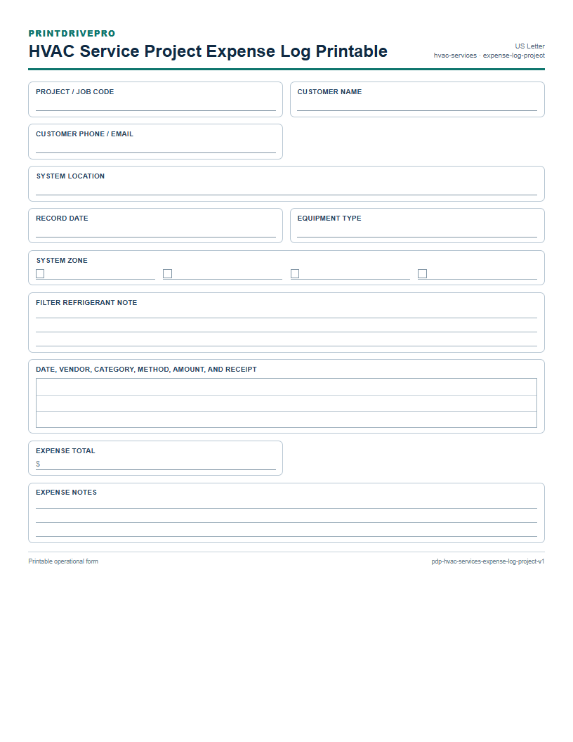 HVAC Service Project Expense Log Printable preview