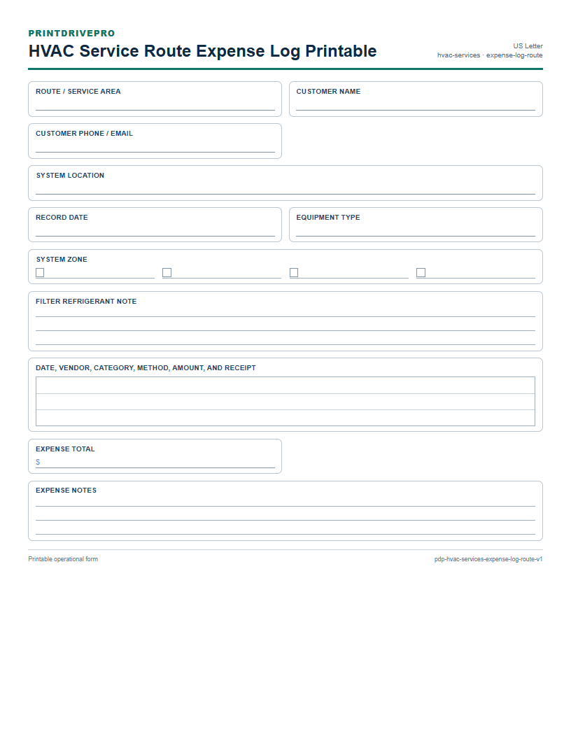 HVAC Service Route Expense Log Printable preview