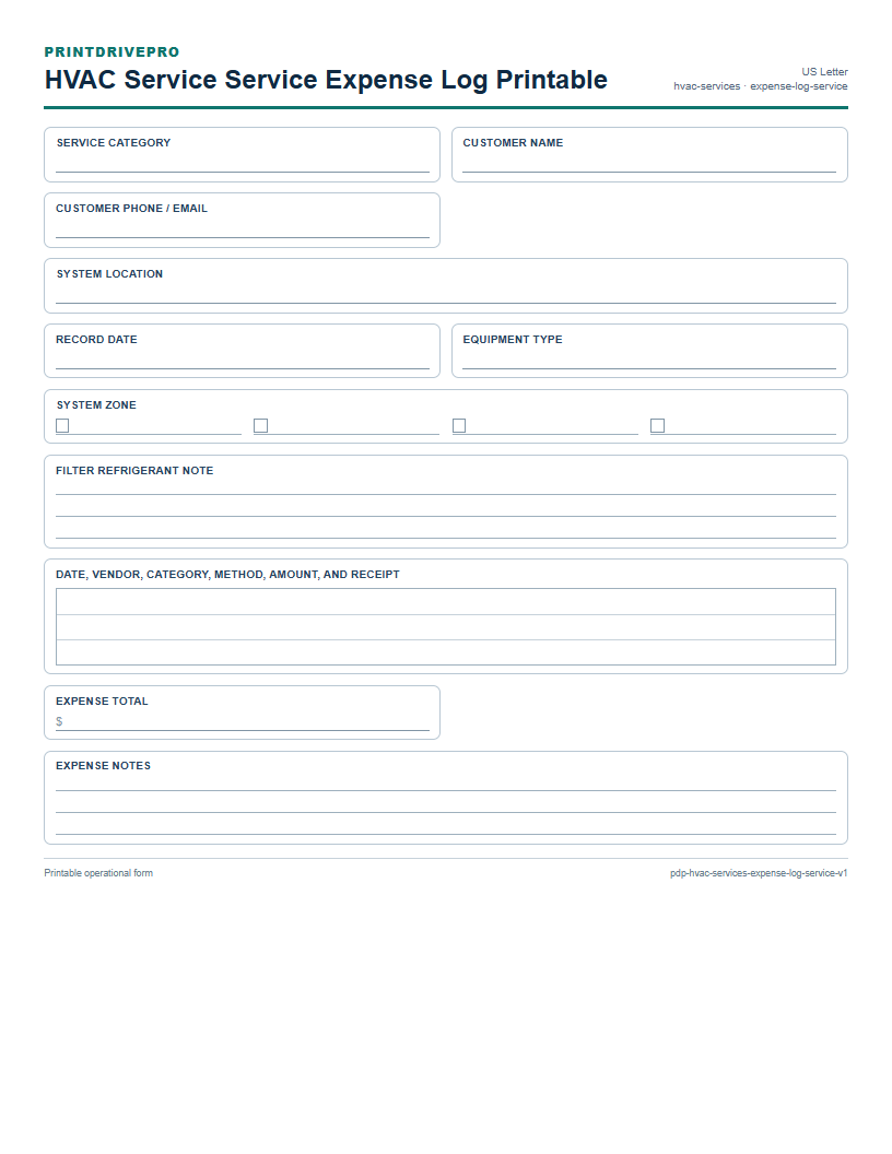 HVAC Service Service Expense Log Printable preview