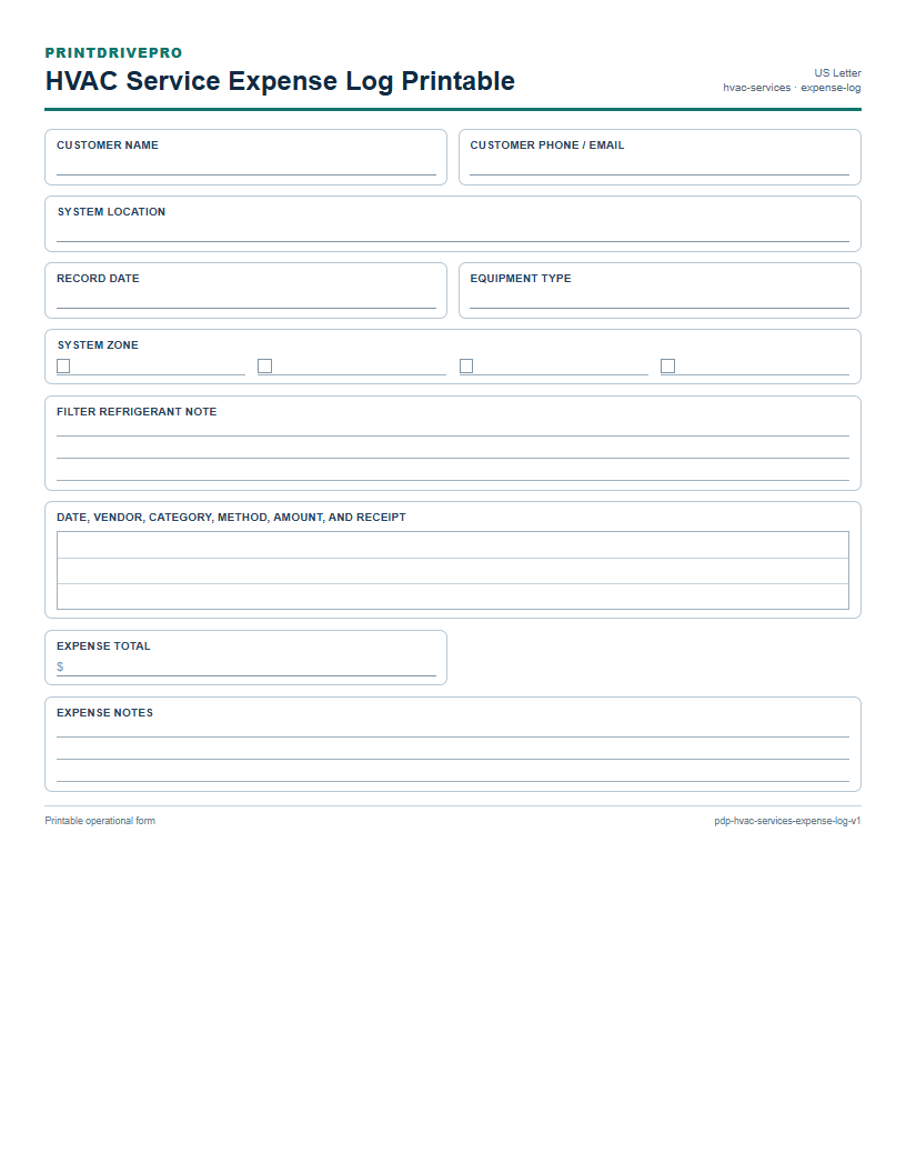 HVAC Service Expense Log Printable preview