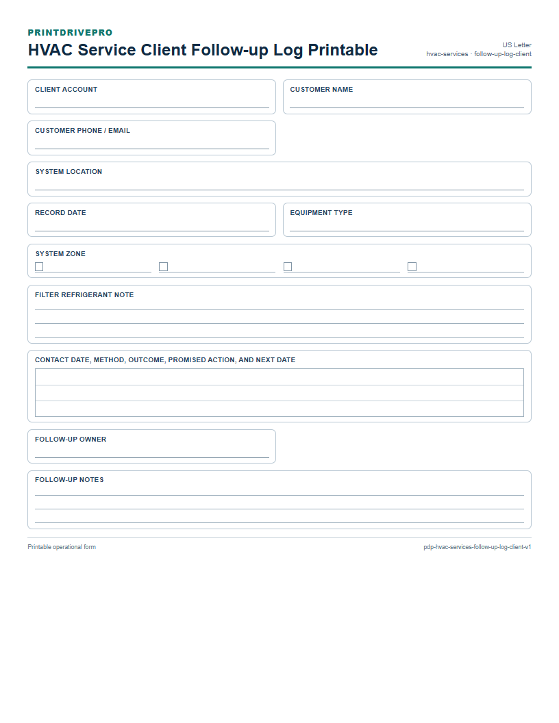 HVAC Service Client Follow-up Log Printable preview