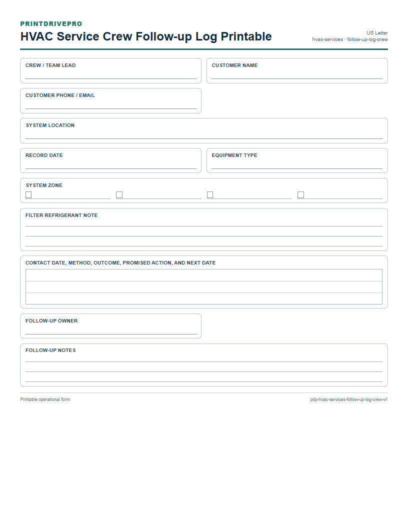 HVAC Service Crew Follow-up Log Printable preview