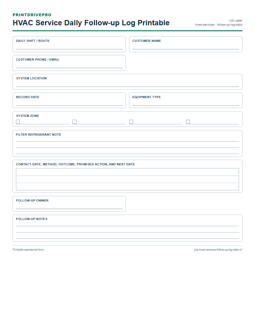 HVAC Service Daily Follow-up Log Printable preview