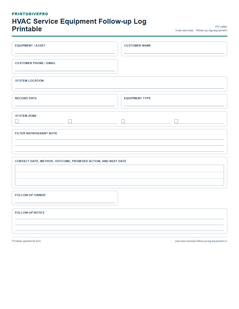 HVAC Service Equipment Follow-up Log Printable preview