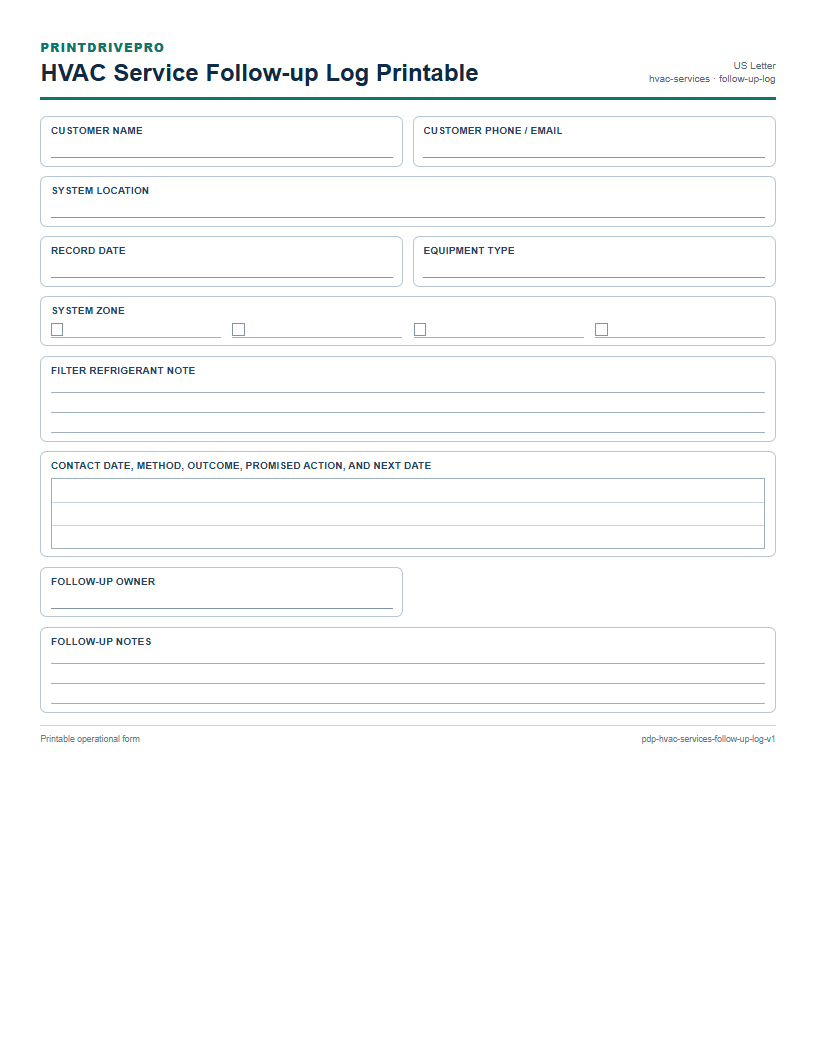 HVAC Service Follow-up Log Printable preview