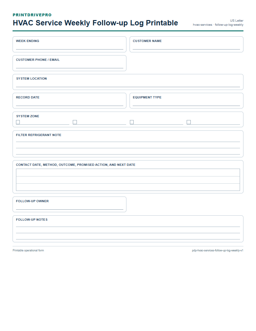 HVAC Service Weekly Follow-up Log Printable preview