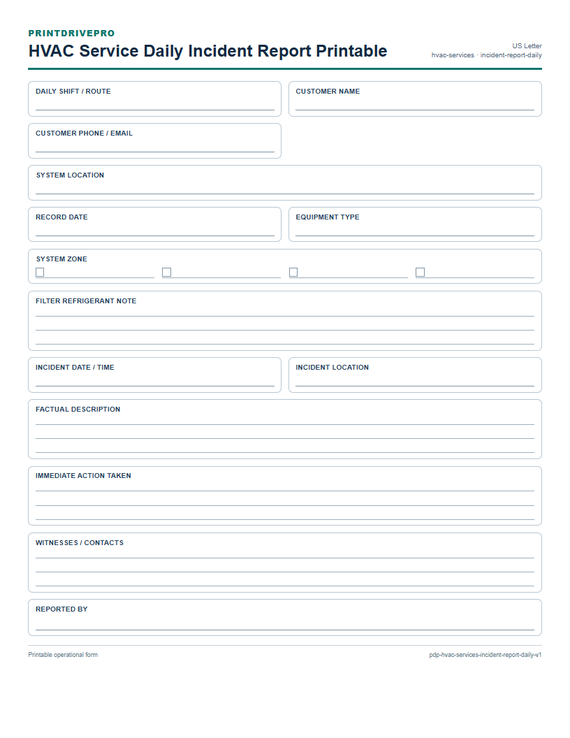 HVAC Service Daily Incident Report Printable preview