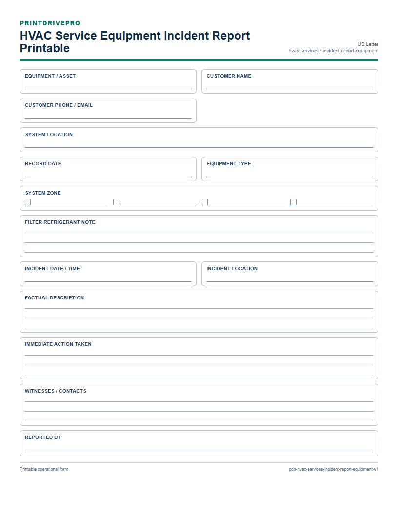 HVAC Service Equipment Incident Report Printable preview