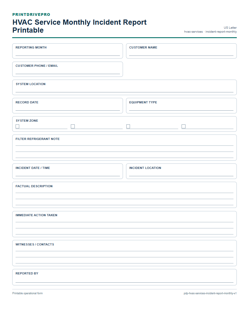 HVAC Service Monthly Incident Report Printable preview