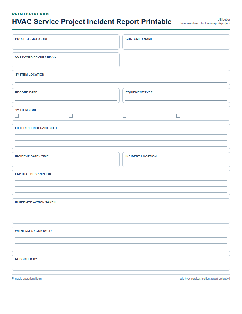 HVAC Service Project Incident Report Printable preview