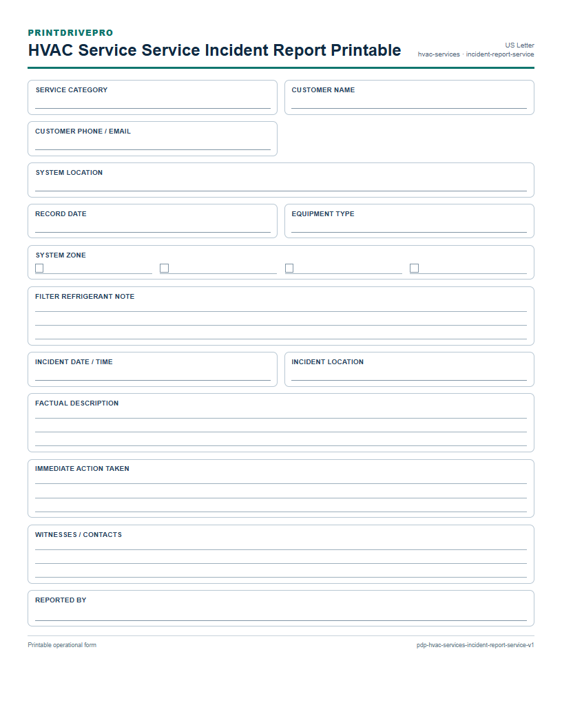 HVAC Service Service Incident Report Printable preview