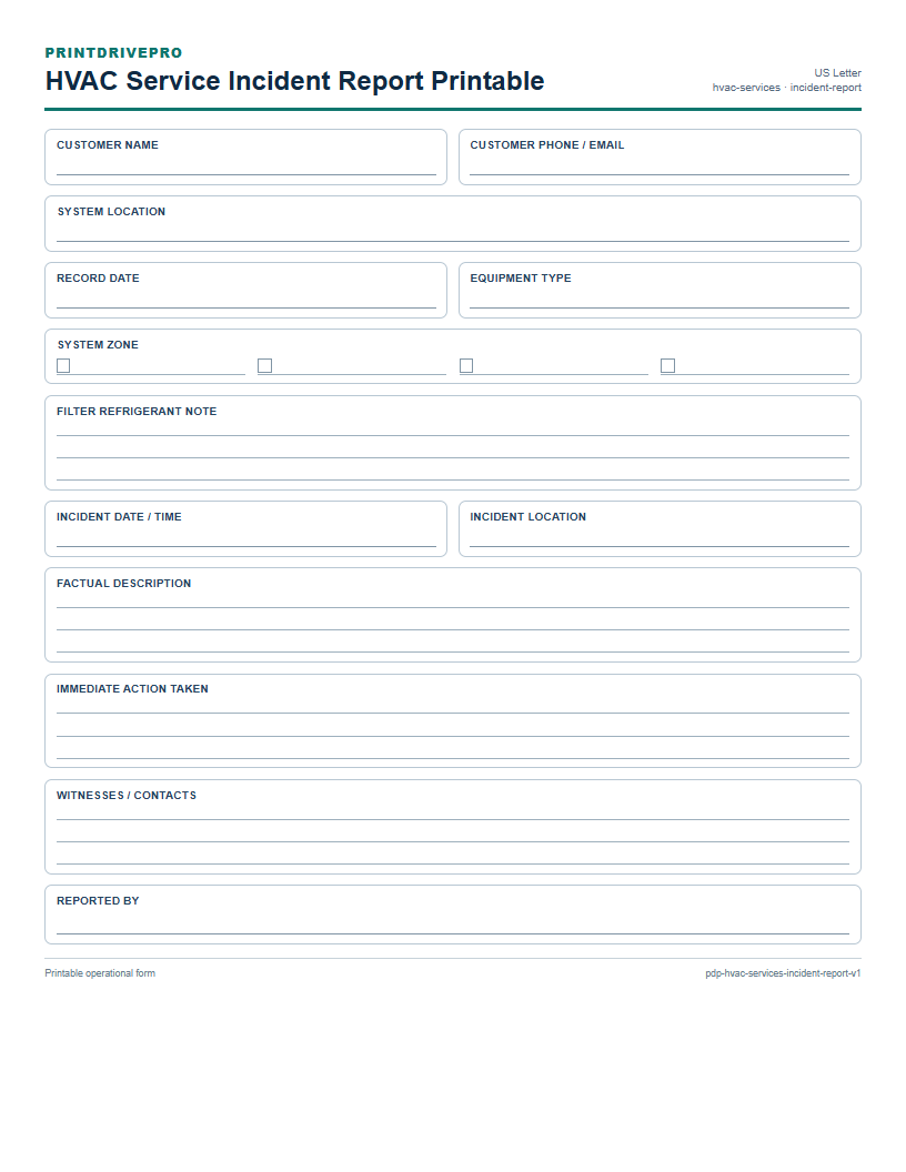 HVAC Service Incident Report Printable preview