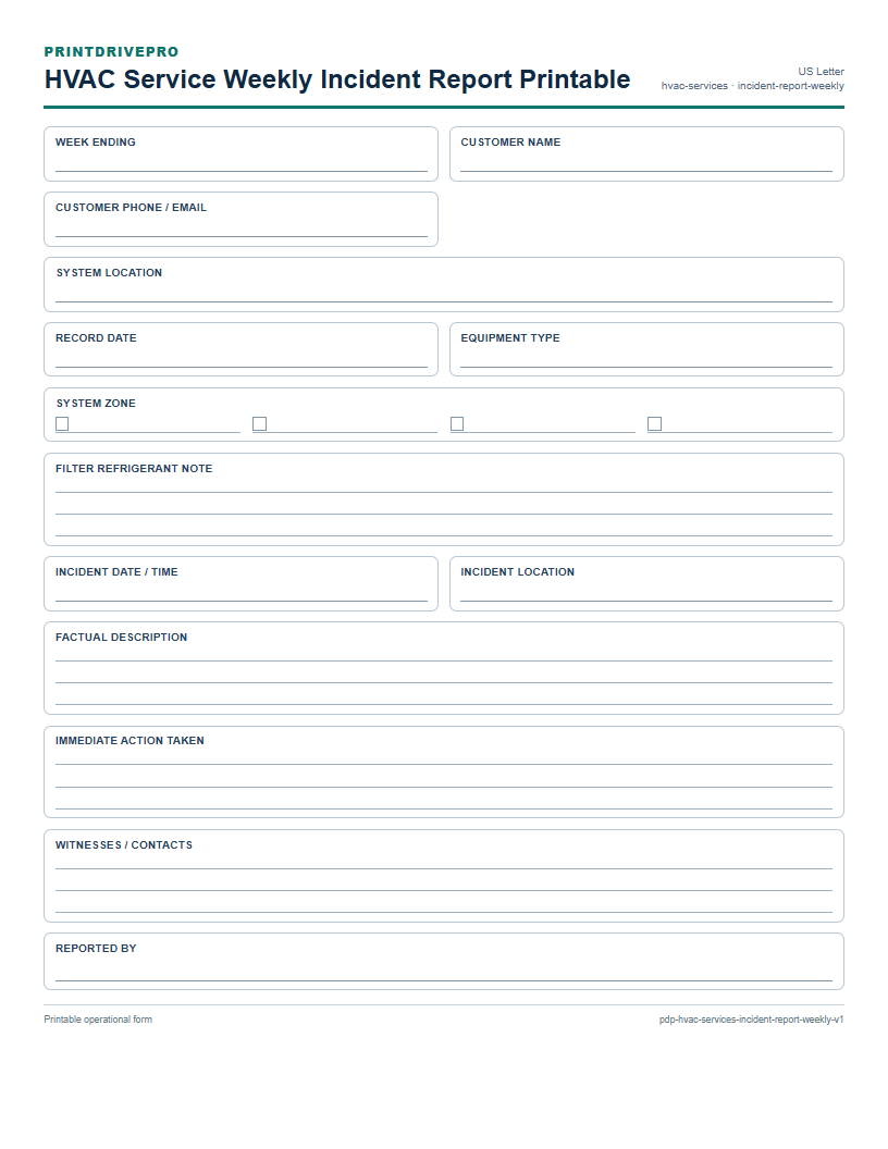 HVAC Service Weekly Incident Report Printable preview
