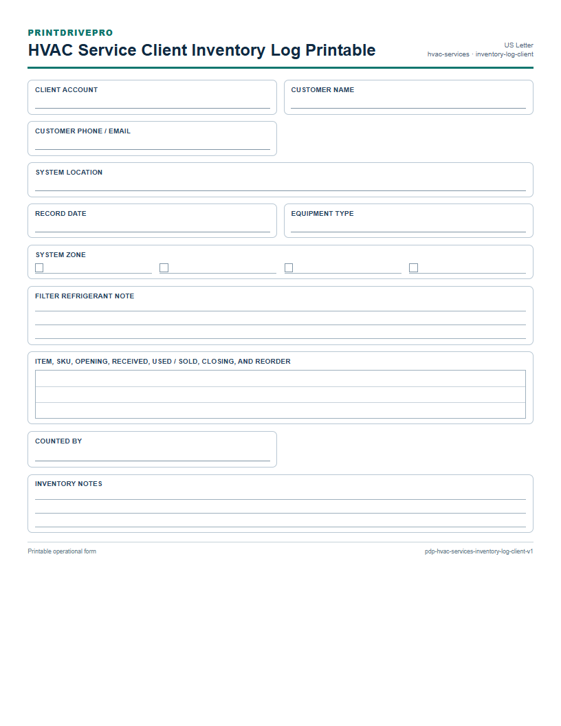 HVAC Service Client Inventory Log Printable preview