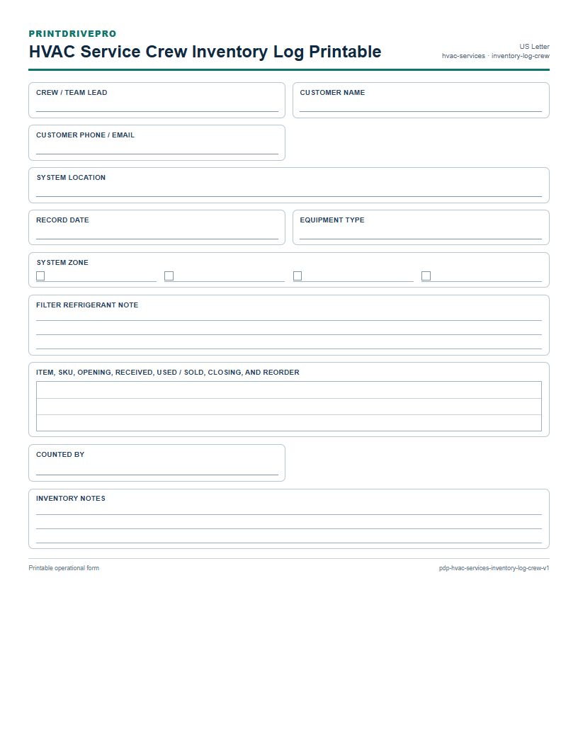 HVAC Service Crew Inventory Log Printable preview