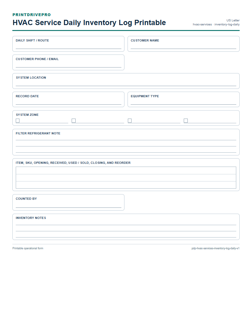 HVAC Service Daily Inventory Log Printable preview