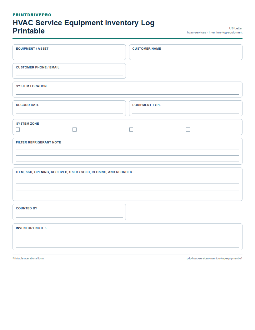 HVAC Service Equipment Inventory Log Printable preview