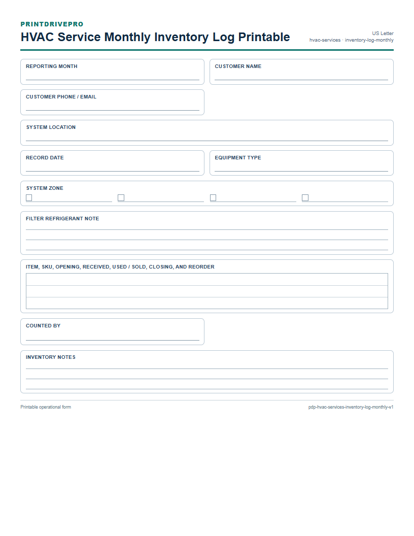 HVAC Service Monthly Inventory Log Printable preview