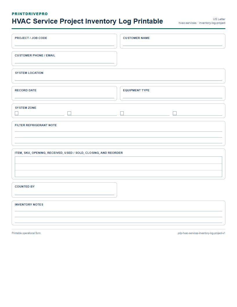 HVAC Service Project Inventory Log Printable preview