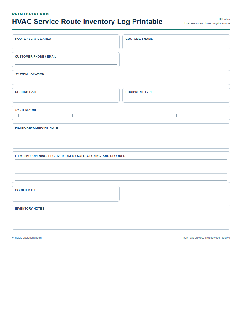 HVAC Service Route Inventory Log Printable preview