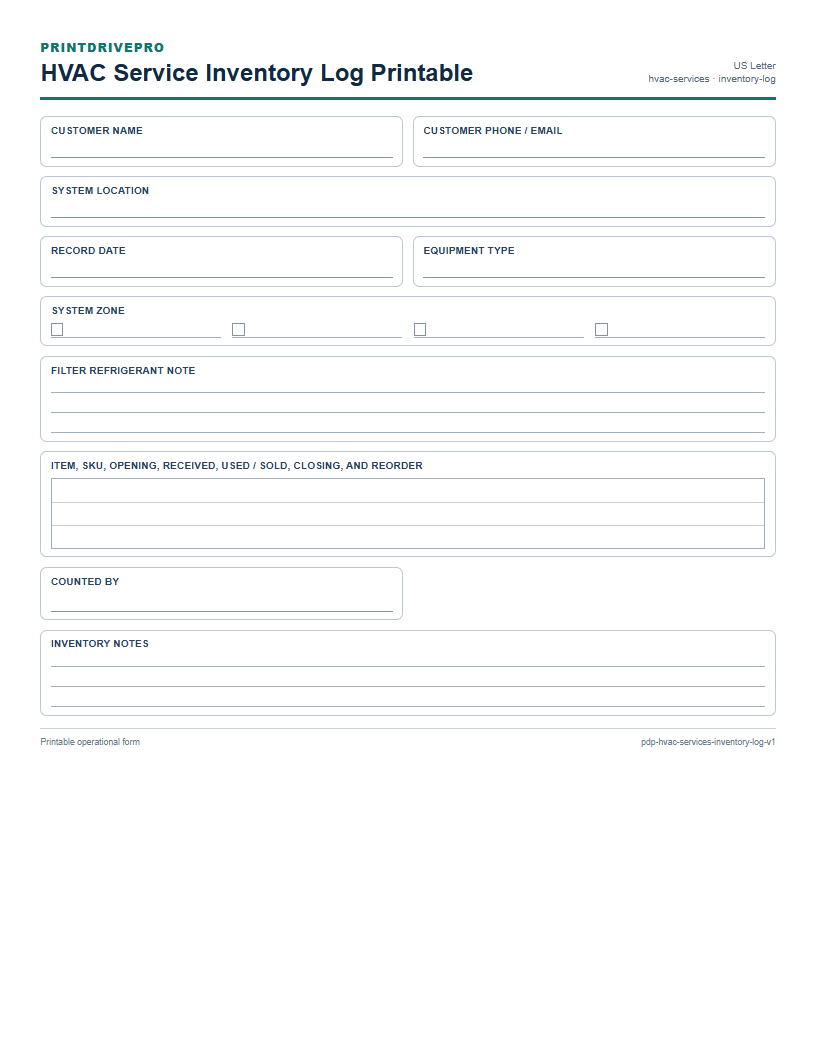 HVAC Service Inventory Log Printable preview