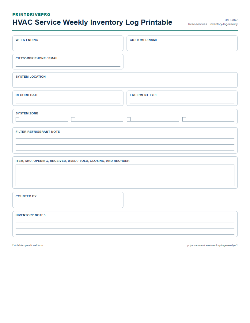 HVAC Service Weekly Inventory Log Printable preview