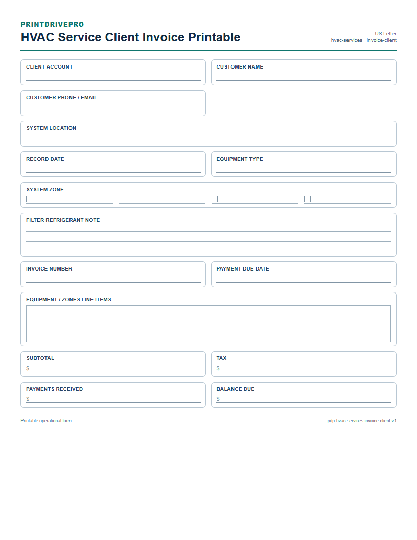 HVAC Service Client Invoice Printable preview