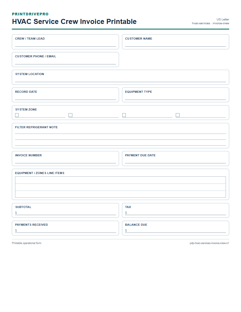 HVAC Service Crew Invoice Printable preview