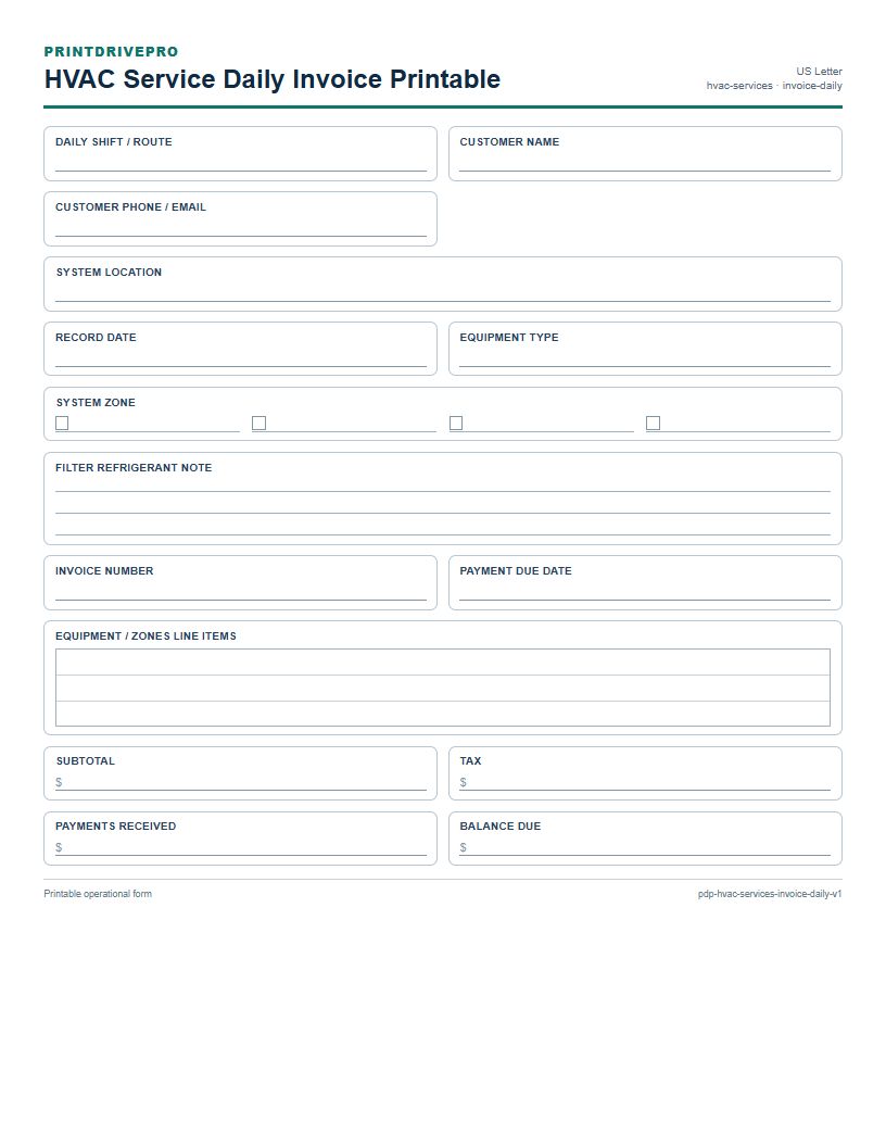 HVAC Service Daily Invoice Printable preview