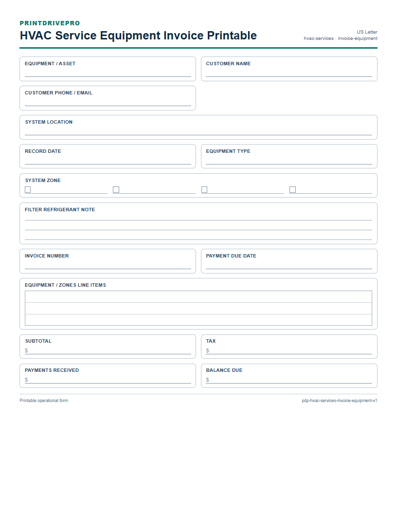 HVAC Service Equipment Invoice Printable preview