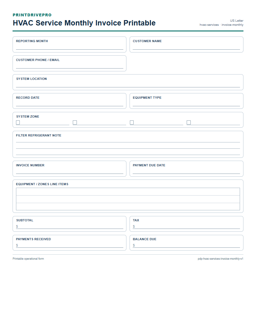HVAC Service Monthly Invoice Printable preview