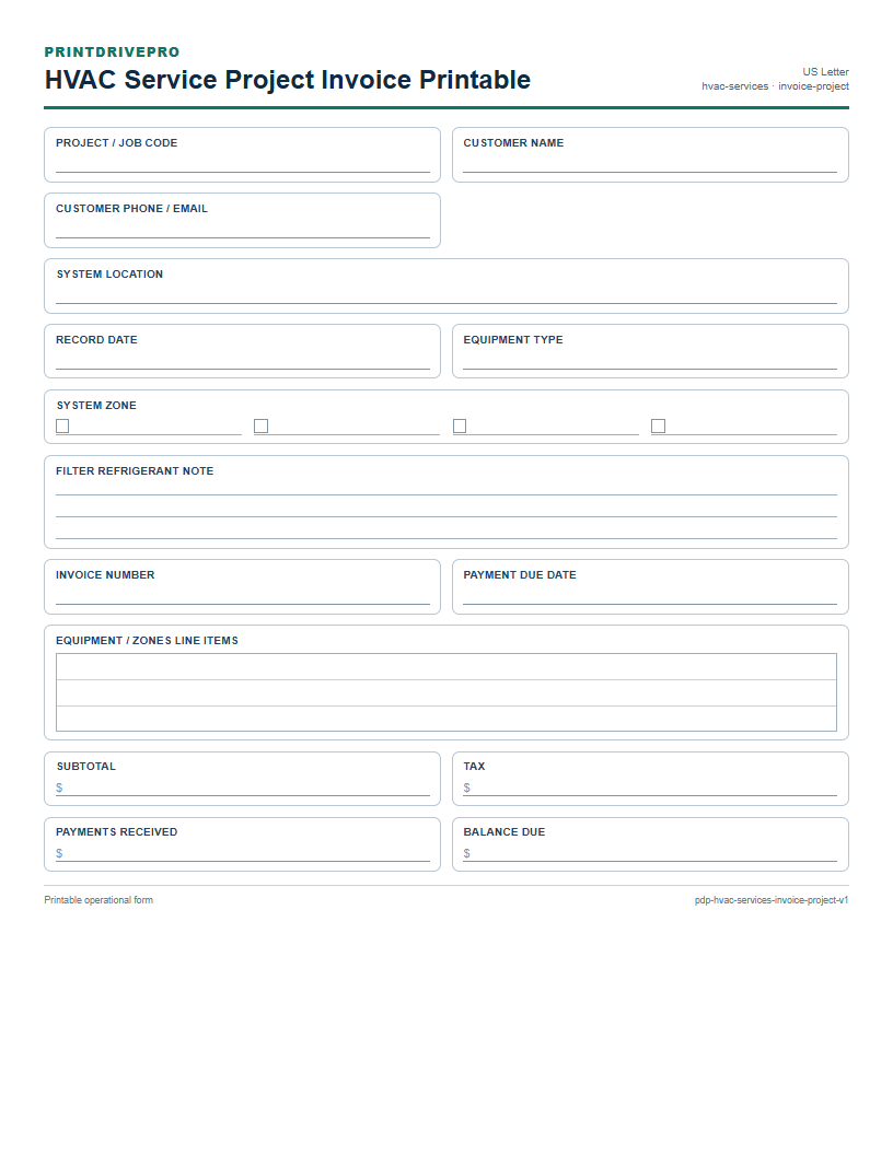 HVAC Service Project Invoice Printable preview