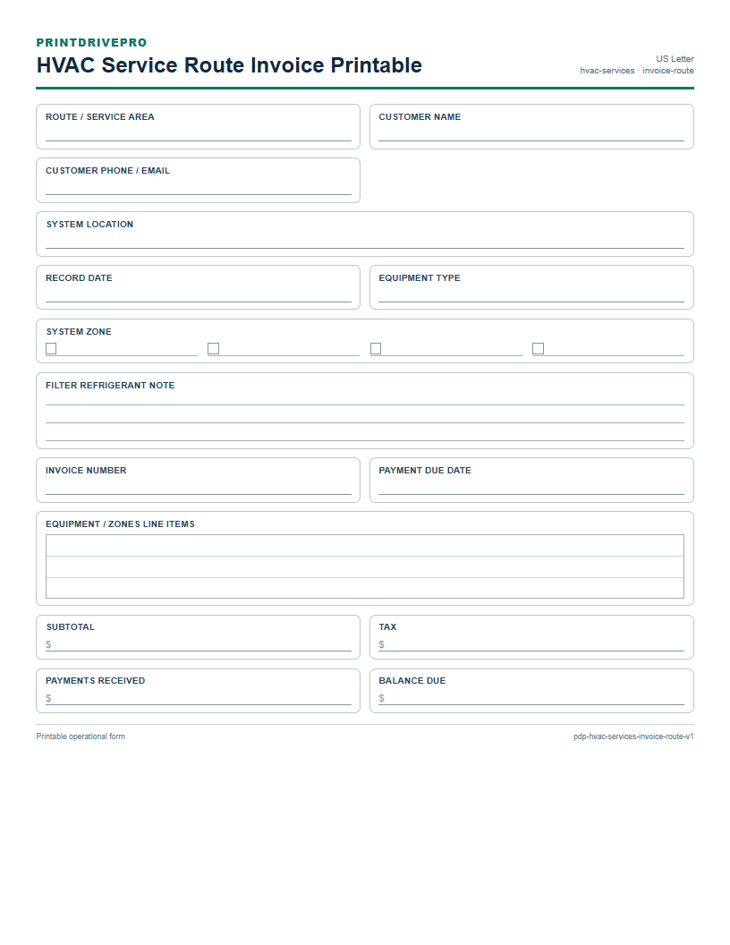 HVAC Service Route Invoice Printable preview