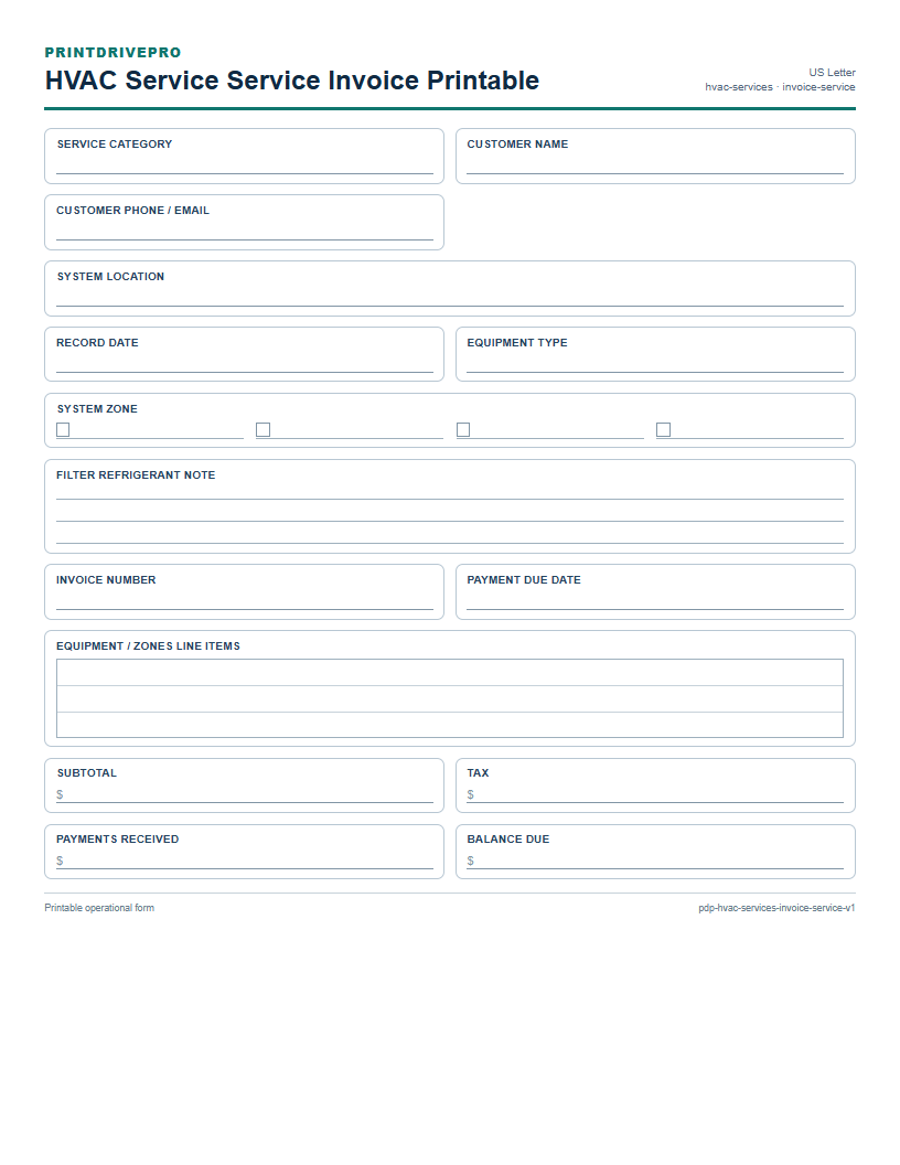 HVAC Service Service Invoice Printable preview