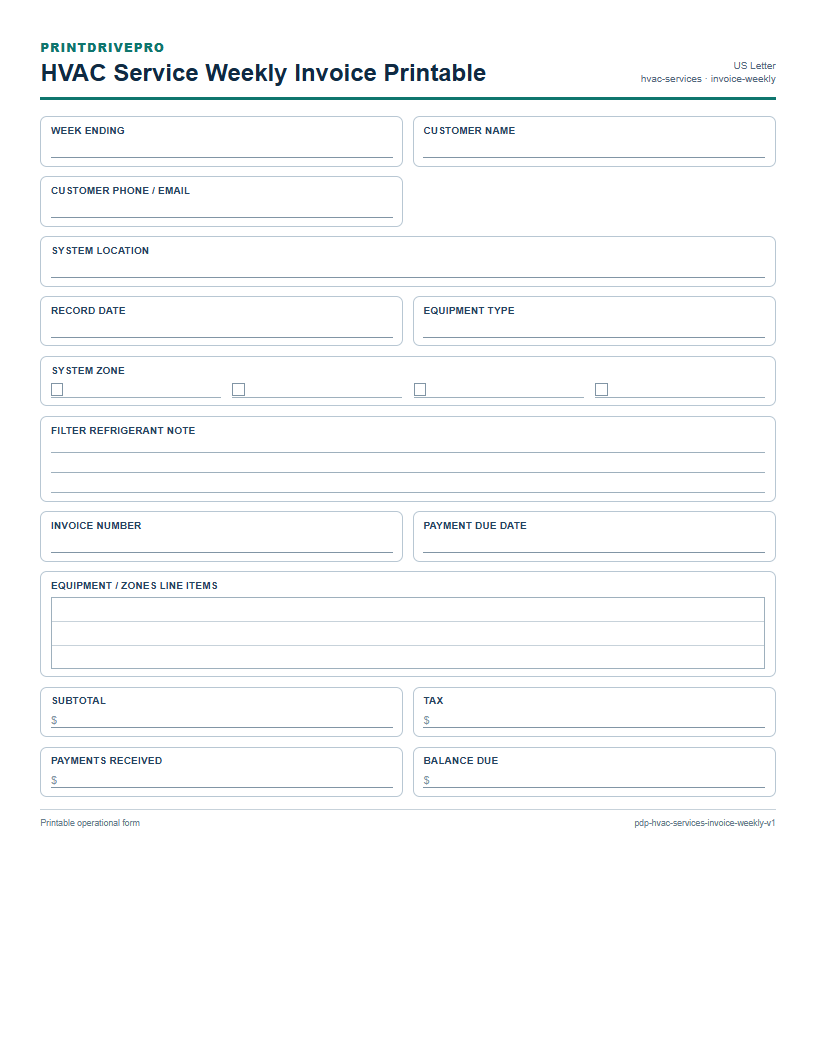 HVAC Service Weekly Invoice Printable preview
