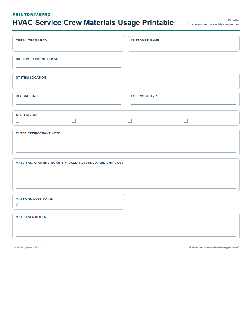 HVAC Service Crew Materials Usage Printable preview