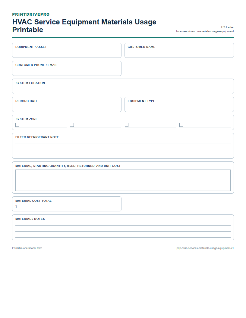 HVAC Service Equipment Materials Usage Printable preview